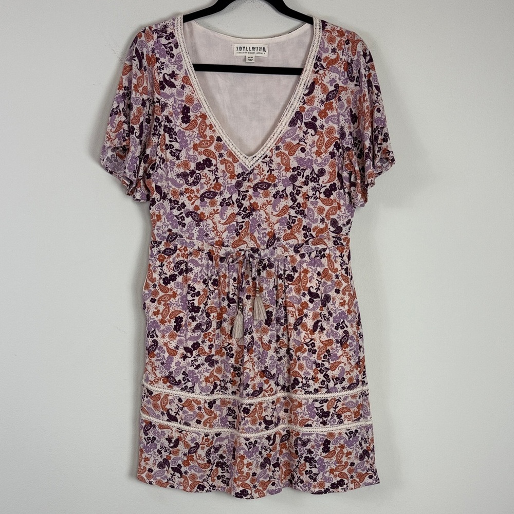 Idyllwind Purple and Rust‎ Floral V-Neck Mini Dress Size Medium